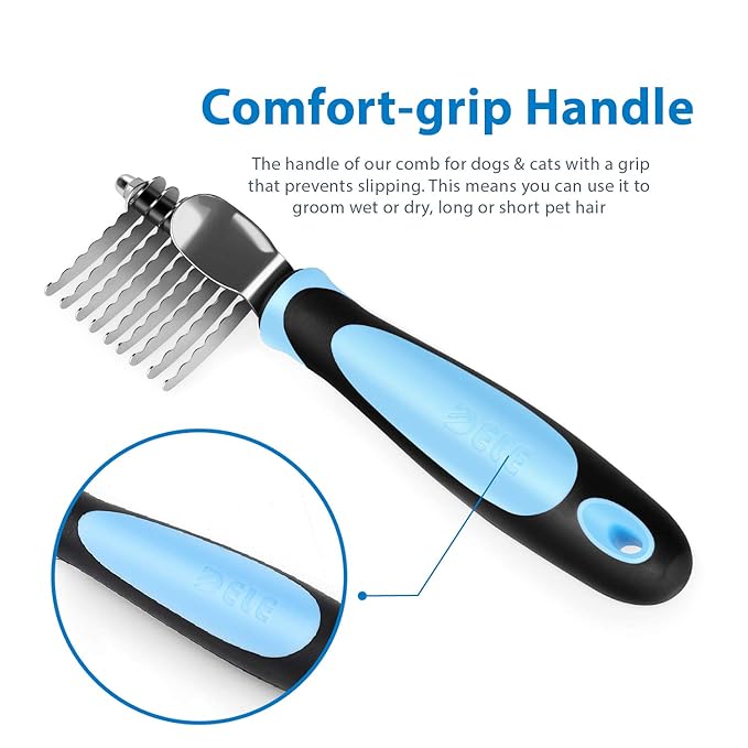 Flexzion Dogs Dematting Comb, Stainless Steel Blades Rakes, for Pets Cats Animals Matted Knotted Hair, Brush Cutting Removing Grooming Tool with Smooth Teeth Needle - Black & Blue Handle-PurrikoPets