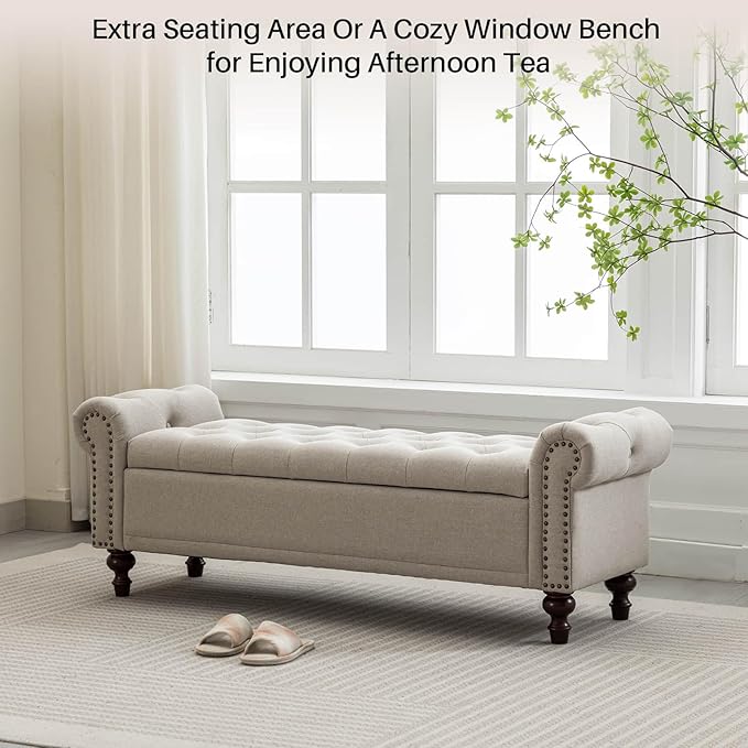 58.1'' Storage Bench Upholstered Linen End of Bedroom Bed Bench Ottoman with Tufted Cushioned Rolled Arm Large Storage Space for Reading Living Room Entryway, Light Brown-PurrikoPets