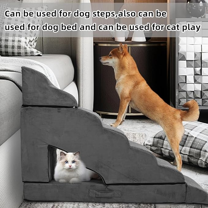 Foam Dog Stairs & Steps Ramps for High Beds 30-36 inches High Tall Large Dogs, LitaiL 7 Step Pet Stairs Steps for High Beds 30 inch Small Dogs, Non-Slip Dog Ramps for Bed-PurrikoPets