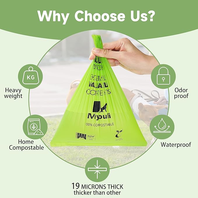 100% Certified Compostable Dog Poop Bag Rolls, 120 Bags (8 Rolls) Eco-Friendly Poop Bags for Dogs, Leak Proof Unscented Easy Open Poop Waste Bag（Green）-PurrikoPets