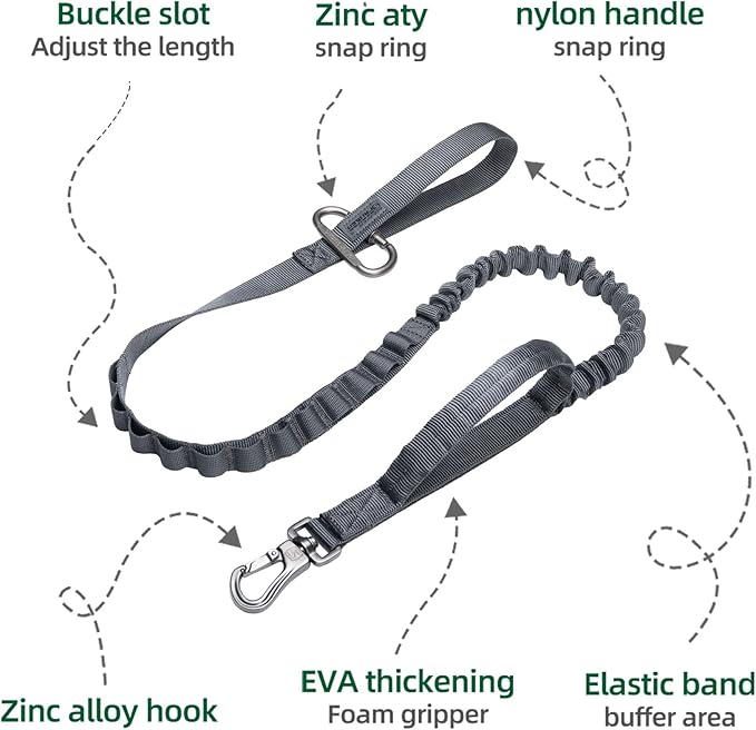 EXCELLENT ELITE SPANKER Tactical Bungee Dog Leash Military Adjustable Dog Leash Quick Release Elastic Leads Rope with 2 Control Handle（Grey-PurrikoPets
