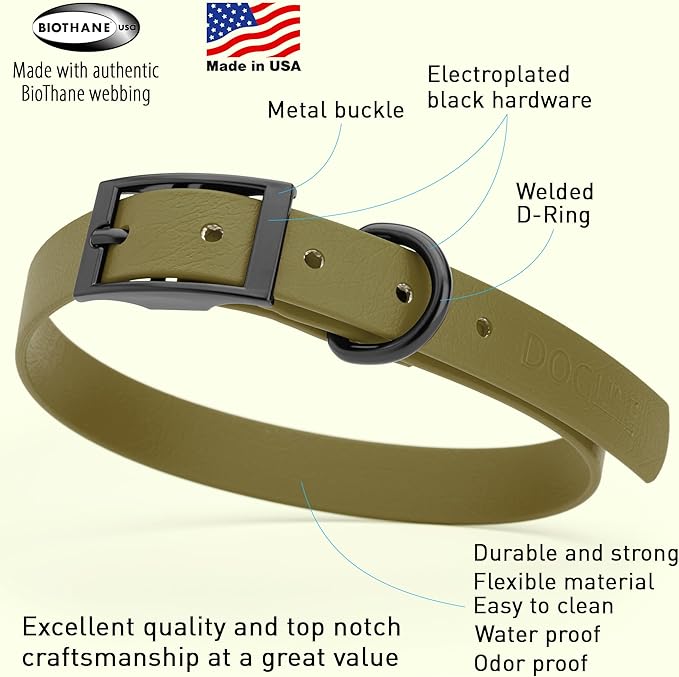 Dogline Biothane Waterproof Dog Collar Strong Coated Nylon Webbing with Black Hardware Odor- Proof for Easy Care Easy to Clean High Performance Fits Small Medium or Large Dogs, Olive Drab Green-PurrikoPets