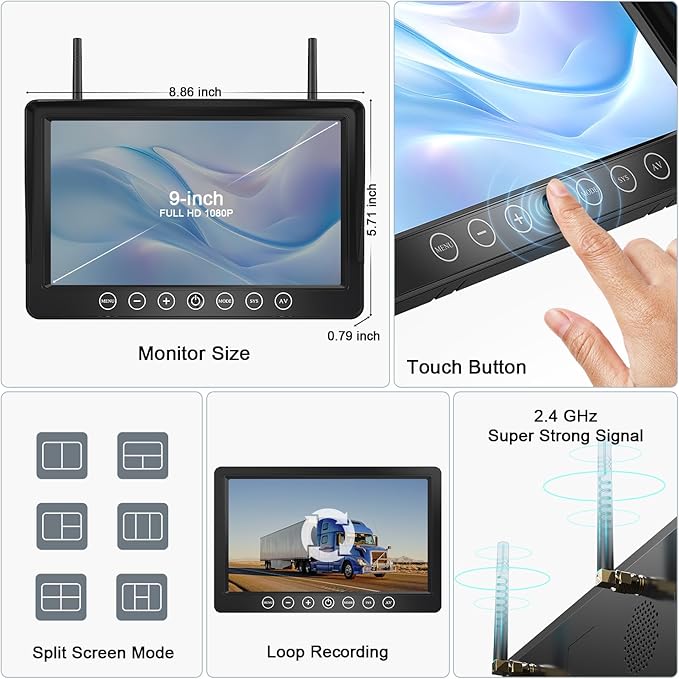 Fookoo HD 1080P 9" Magnetic Wireless Backup Camera,9" IPS Monitor, Rechargeable 2 Side View 2 Rear View Cameras, 1-Min Easy Install, Long Battery Life No Drilling IR Light for RV Truck Trailer DCX904-PurrikoPets