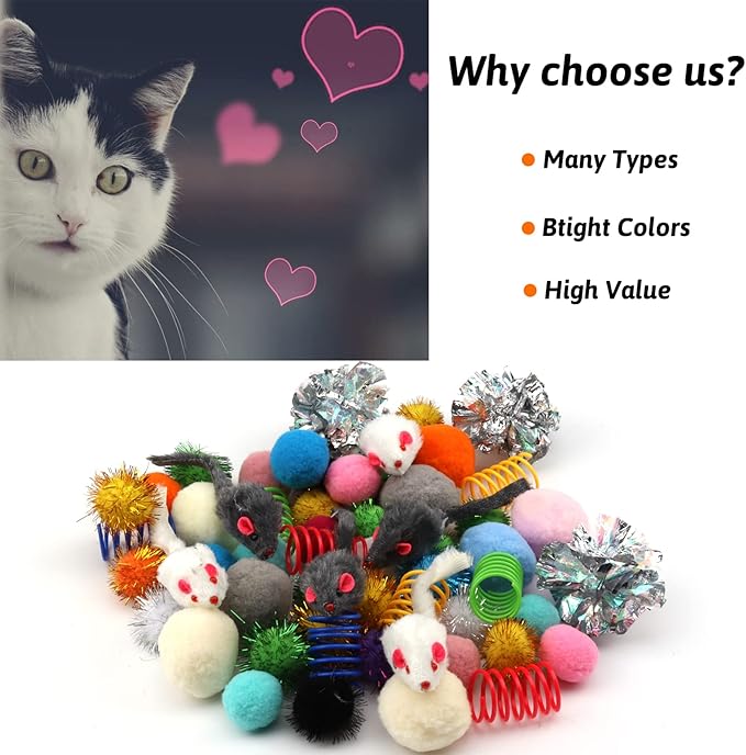 60 Pack Cat Toys - Assorted Kitten, Mouse, Crinkle & Pom Pom Balls-PurrikoPets