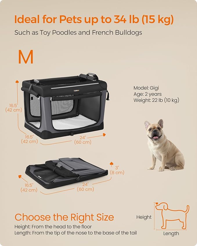 Feandrea Collapsible Dog Crate, 24-Inch Portable Dog Travel Crate for Small Dogs, Oxford Fabric Pet Carrier with 4 Mesh Doors, Handles, Storage Pocket, Water Bottle Holder, Ink Black UPDC016B01-PurrikoPets