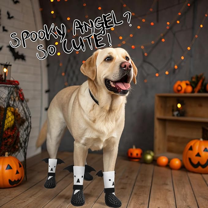 EXPAWLORER Halloween Anti Slip Dog Socks to Prevent Licking Paws, Boots & Paw Protectors with Grippers,Doggie Booties for Hardwood Floors for Small Medium Large Senior Dogs Costume White Ghost Wings M-PurrikoPets