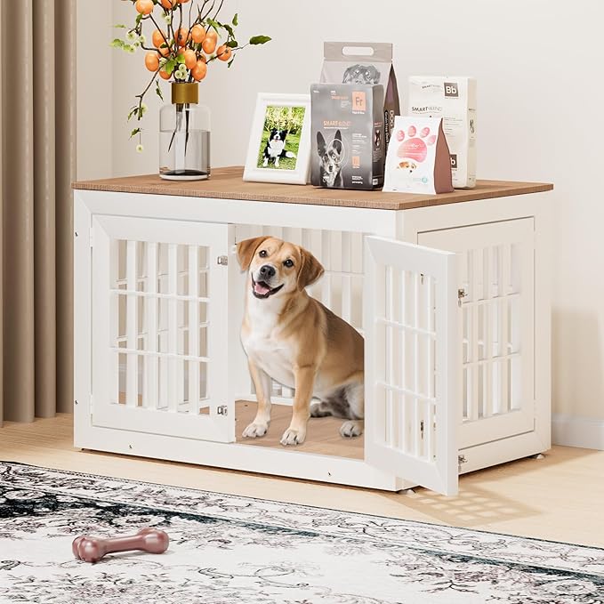 42" Heavy Duty Dog Crate Furniture for Small,Medium and Large Dogs,Rustic Wooden Dog Cage Kennel Indoor Furniture with Waterproof Top,Decorative Pet House Side End Table (White & Wood)-PurrikoPets