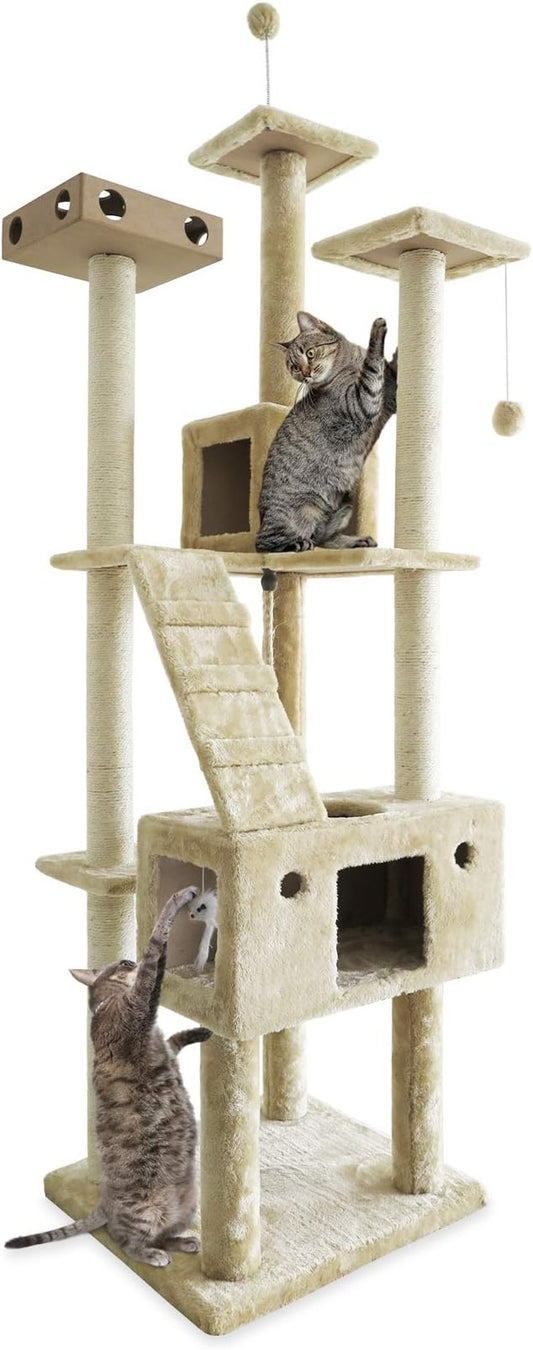 Furhaven 69.3" Tall Cat Tree for Indoor Cats, Ft. Sisal Scratching Posts, 2x Cat Condos, & Toys - Tiger Tough Double Decker Interactive Playground Tower - Cream, One Size-PurrikoPets