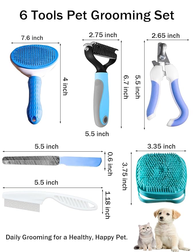 6ps Dog Cat Brush Grooming Kitf, Dog Cat Brushes, Bath Brush, Dematting Rake and Comb, Nail Clipper, Nail File, Flea Comb (Blue 6 Kits)-PurrikoPets