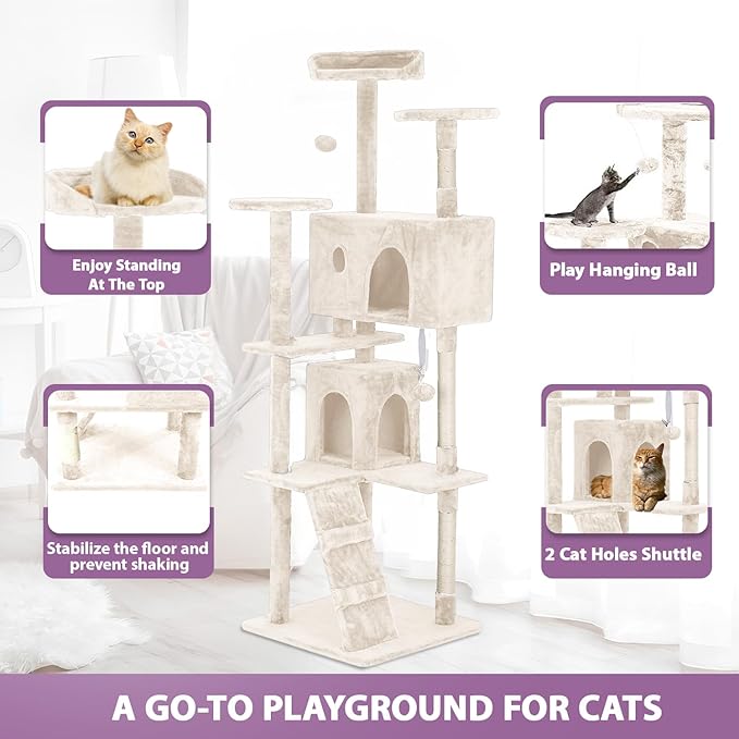 70 Inches Cat Tower for Indoor Cats Multi-Level Cat Condos XL Cat Tree Climbing Tower with Scratching Posts, Hanging Toys, Beige-PurrikoPets