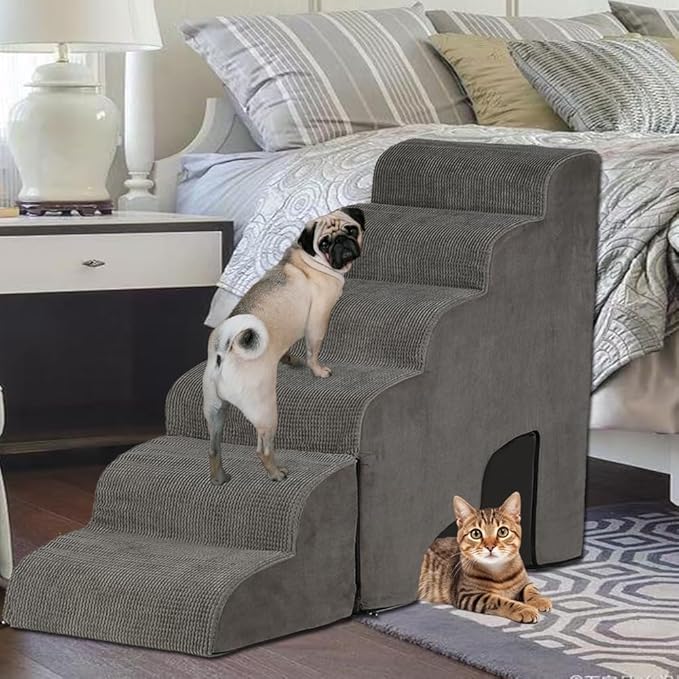 Dog Stairs for High Beds 25-30 inches Tall, 6-Step Dog Steps for High Bed for Doggies/Kitties, 30D Foam Pet Stairs Steps for Small Dogs, Dog Ramp/Ladder for Old Dogs/Cats, Grey-PurrikoPets