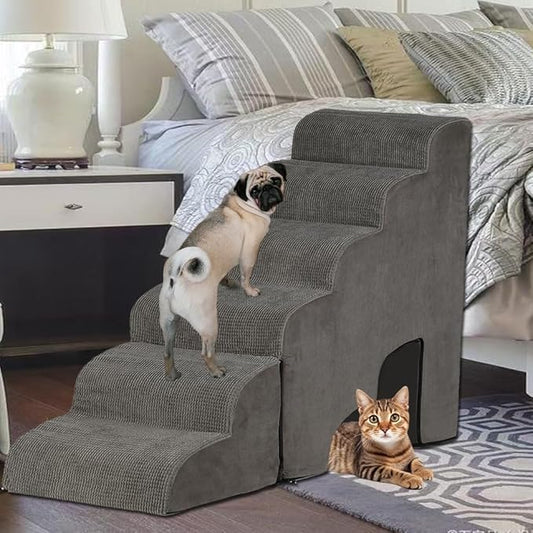 Dog Stairs for High Beds 25-30 inches Tall, 6-Step Dog Steps for High Bed for Doggies/Kitties, 30D Foam Pet Stairs Steps for Small Dogs, Dog Ramp/Ladder for Old Dogs/Cats, Grey-PurrikoPets