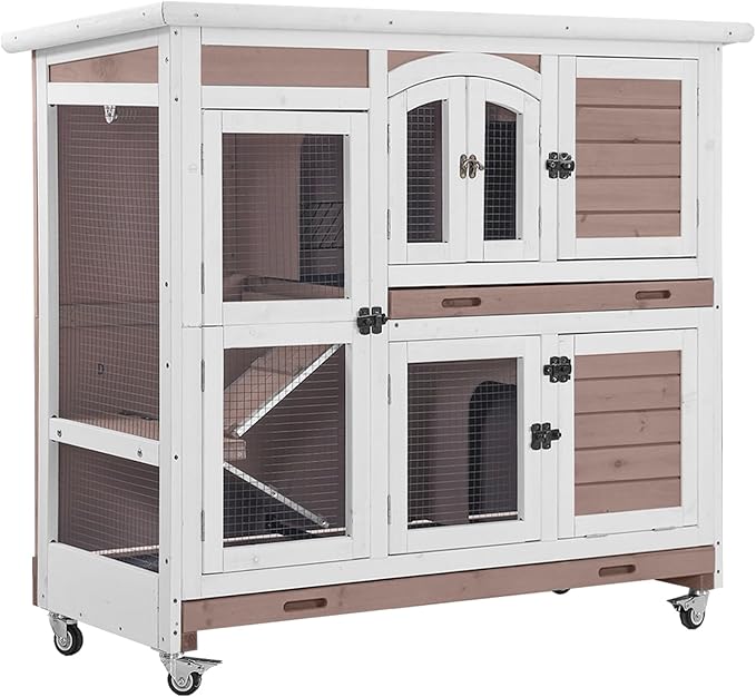 Aivituvin Rabbit Hutch Indoor, Bunny Cage with Wheels, 2-Story Design, 2 Deep Trays, Anti Slip Ramp, Ideal for Small Animals - Brown-PurrikoPets