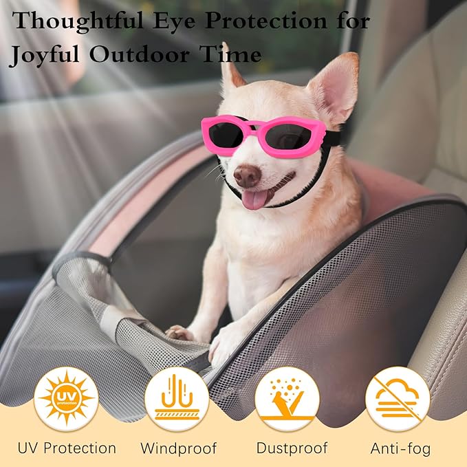 Dog Sunglasses Small Breed, Small Dog Goggles with Adjustable Straps, UV/Wind/Dust/Fog Proof Dog Eye Protection Sunglasses for Outdoor Car Driving Riding, Pink-PurrikoPets