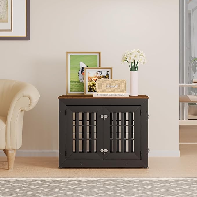 32" Heavy Duty Dog Crate Furniture for Small,Medium and Large Dogs,Rustic Wooden Dog Cage Kennel Indoor Furniture with Waterproof Top,Decorative Pet House Side End Table (Black & Wood)-PurrikoPets
