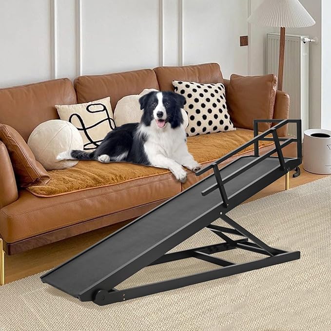 Dog Ramp for Bed, Adjustable Pet Ramps for Dog to Get on Bed, Non-Slip Rubber Surface - Folding Wooden Dog Ramp for Small/Large/Old Dogs, Adjustable up to 31 inch High Beds, Safety Railings-PurrikoPets