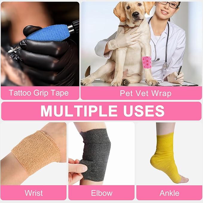 24 Pack Self Adhesive Vet Wrap & Medical Tape, 2 Inch x 5 Yards Cohesive Bandage Wrap - Pink Heart Grip Tape for Ankle, Wrist Sprains, Sports, Pet First Aid-PurrikoPets