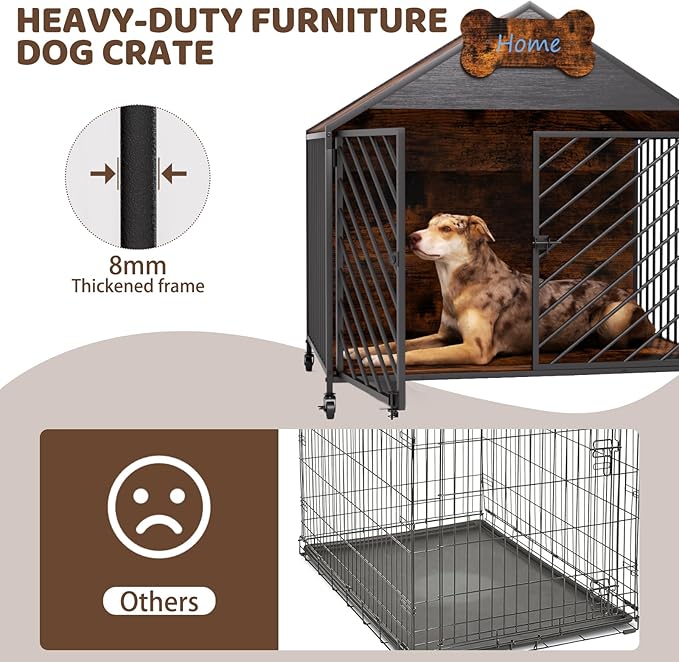 Furniture-Style Dog Crate with Gable Roof Design, Double Locking Doors Indoor Kennel for Small & Medium Dogs, Chew-Proof Escape-Proof Dog Cage, Rustic Brown-PurrikoPets