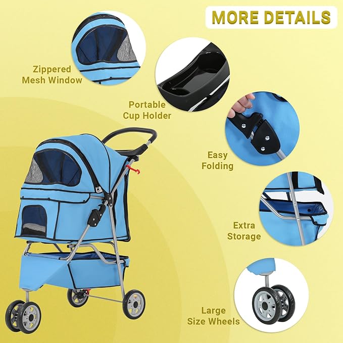 Foldable Pet Stroller for Cats and Dogs 3 Wheels Carrier Strolling Cart with Weather Cover, Mesh Panels，Storage Basket Cup Holder，Blue-PurrikoPets