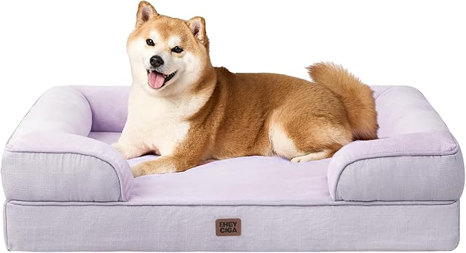 EHEYCIGA Orthopedic Dog Beds Large Sized Dog, Waterproof Memory Foam Pet Bed with Sides, Non-Slip Bottom Large Pet Bed with Washable Removable Cover, Lilac-PurrikoPets