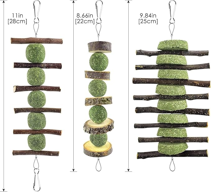 ERKOON Bunny Chew Toys, Rabbit Chew Toys for Teeth Grinding, Improve Dental Health, 100% Natural Apple Wood Timothy Grass Cake Treats for Rabbits Guinea Pigs Chinchillas Bunnies Hamsters (7 Pcs)-PurrikoPets