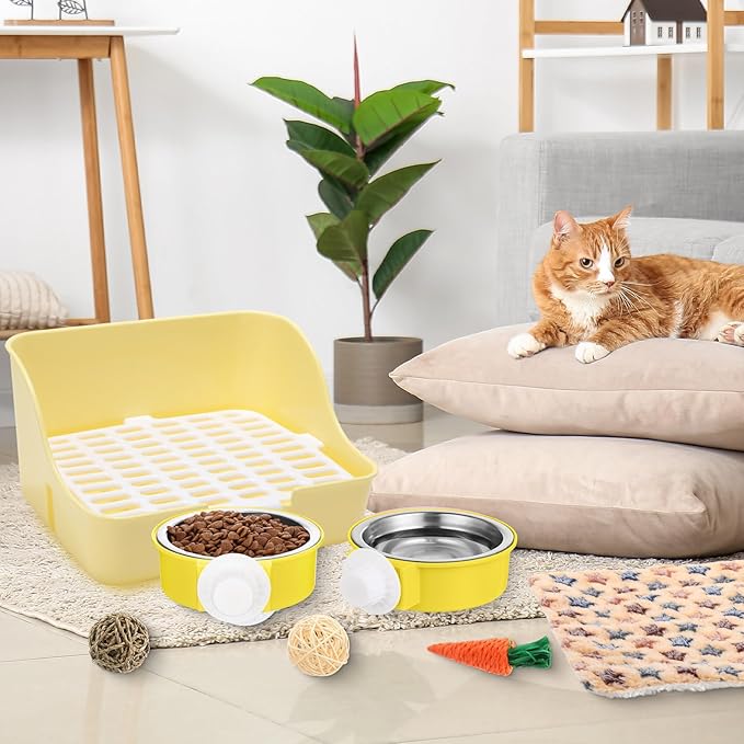 15 Pcs Rabbit Starter Kit Small Rabbit Litter Box Animal Grooming Kit Bunny Toys Bowl Blankets with Cleaning Set for Guinea Pig Accessories(Blue)-PurrikoPets