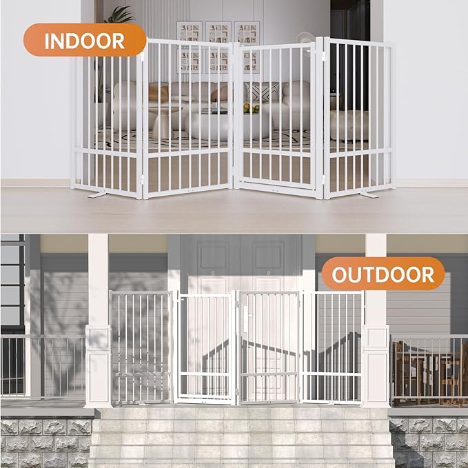 Full Metal Freestanding Dog Gate with Door, 32''Height Foldable Pet Dog Fence for Indoor & Outdoor, 2 Panels Extra Wide Free Standing TallDog Gates for Doorways,House,Stairs,Porch,Deck,Yard-PurrikoPets