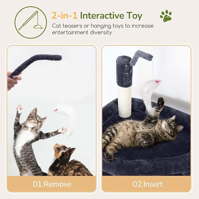 Globlazer Large Cat Tree Tower, Tall Cat Tree Condos for Indoor Cats Large Adult Cat Climbing Tower with 2 Spacious Caves, Oversized Top Perch, Big Hanging Basket, Cat Teaser Wand, F74B, Dark Grey-PurrikoPets