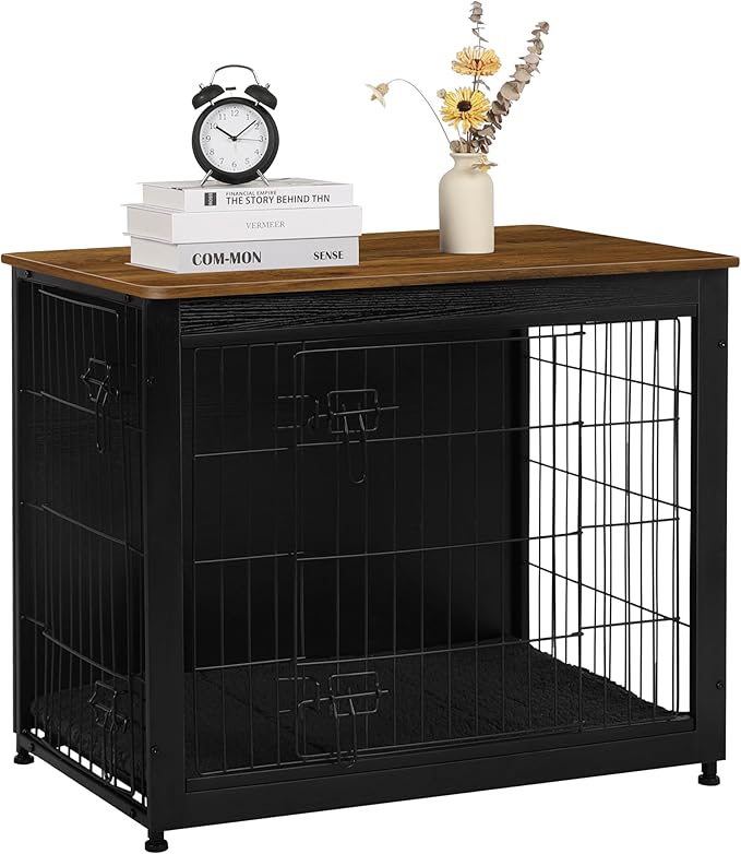 DWANTON Dog Crate Furniture with Cushion, Wooden Kennel Table with Double Doors, Indoor Dog House, Medium Size, 32.5" L, Black+Warm Brown-PurrikoPets