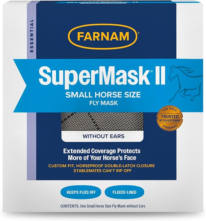 Farnam SuperMask II Fly Mask Without Ears for Smaller Horses or Arabian Horses,Full Face Coverage & Eye Protection from Insect Pests, Structured Classic Mesh with Plush Trim,Small Horse/Arabian Size-PurrikoPets