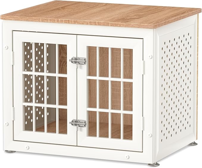 26" Heavy Duty Dog Crate Furniture for Small Dogs, Metal Kennel for High Anxiety Dogs, Chew Proof Pet Cage Indoor, Decorative Dog Kennel End Table,White-PurrikoPets