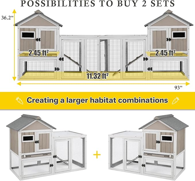 47''L Rabbit Hutch Outdoor Chicken Coop with Run, Wooden Indoor 2 Story Bunny House with Waterproof Roof, Pull Out Tray, Guinea Pig Rabbit Duck Cage for Small to Medium Animals and Pet Lover, Gray-PurrikoPets