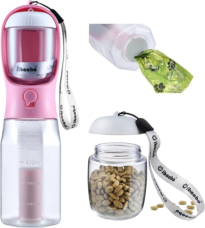 Dog Water Bottle with Food Container & Poop Bag Holder, Travel Water Bowl, Portable Pet Dispenser, Girl Dog Accessories Stuff Items Essentials Gift for Yorkie Chihuahua Walking Hiking-PurrikoPets