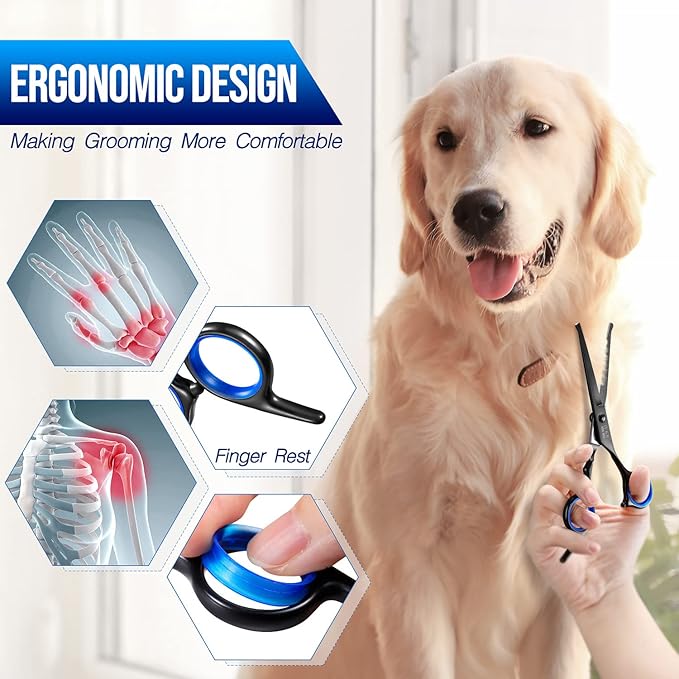 Gimars Dog Grooming Scissors Kit Professional 4CR with Safety Round Tip, 5 in 1 Heavy Duty Titanium Coated Thinning & Curved & Straight Shears-PurrikoPets