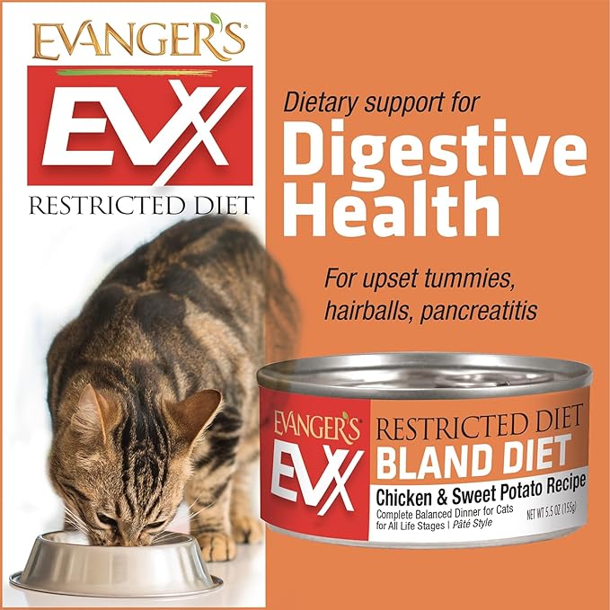 Evanger's EVX Restricted Diet Bland Diet Canned Cat Food – 24 Count, 5.5 oz Each – Chicken & Sweet Potato Recipe with Prebiotics & Postbiotics for Digestive, Microbiome & Gut Health Support-PurrikoPets