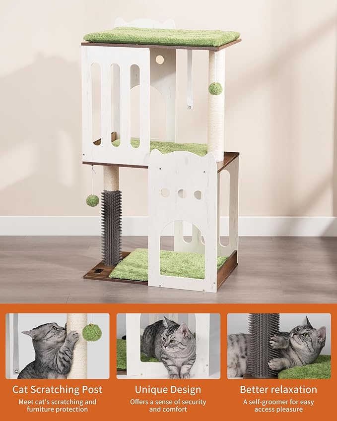 FourFurPets 43.7in 3-Tier Modern Cat Tree Tower Condo, Cat Scratch Posts for Indoor Cats, Big Plate, Two 19.7in Full Sisal Scratching Posts, White-PurrikoPets