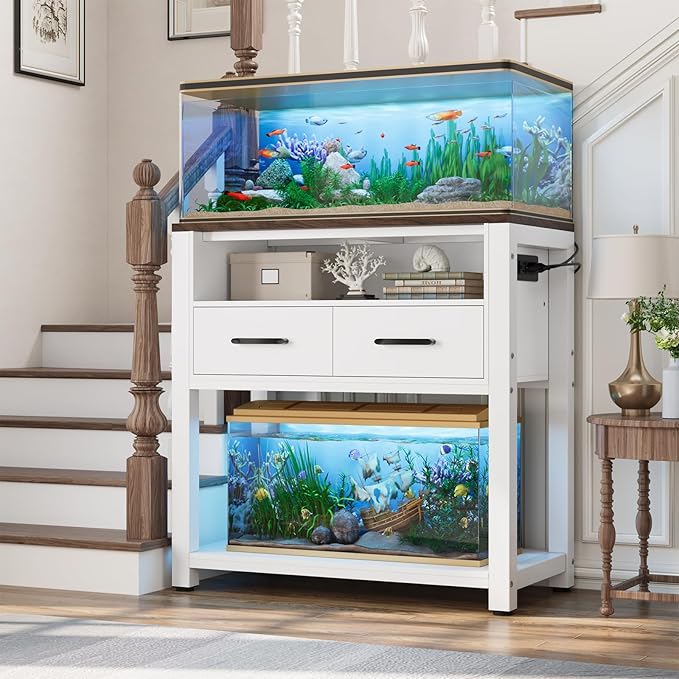 20-29 Gallon Aquarium Stand with Stable Metal Frame & Power Outlet, Heavy-Duty Fish Tank Stand with Waterproof Mat, 550LBS Capacity Storage Cabinet, White+Brown-PurrikoPets