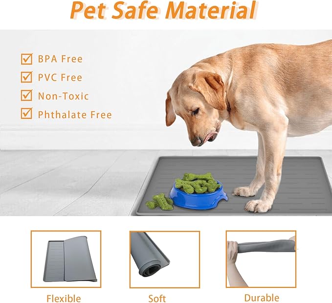 24" x 16" Dog Food Mat, Silicone Pet Mats for Food and Water, Nonslip Pet Feeding Mats for Floors, Dog Cat Bowl Mat with Raised Edges, Beige-PurrikoPets