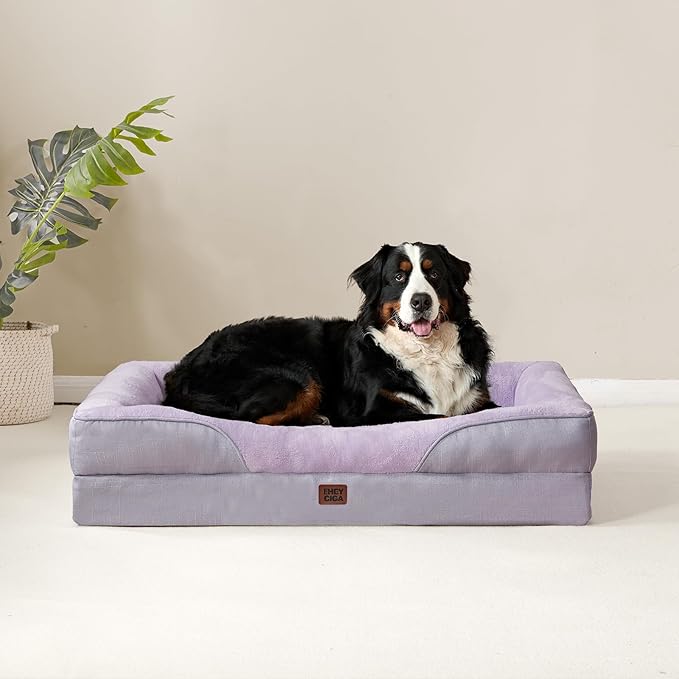 EHEYCIGA Memory Foam XXL Dog Bed for XLarge Sized, Extra Large Orthopedic Dog Sofa with Sides and Waterproof Liner, Washable Bolster Pet Couch with Removable Cover, 52x41x8 Inch, Purple-PurrikoPets
