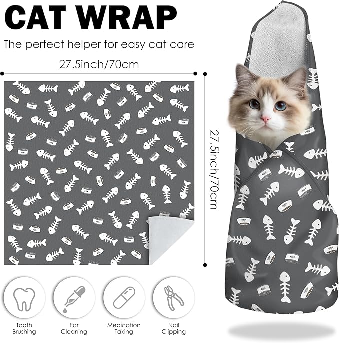27.6" Cat Grooming Wrap, Self Adhesive Cat Wrap for Cutting Nails, Anti-Escape Calming Cat Swaddle Wrap for Medicine Ear Cleaning, Anti-Scratch Cats Burrito Restraint Blanket, Practical Pet Tool Grey-PurrikoPets