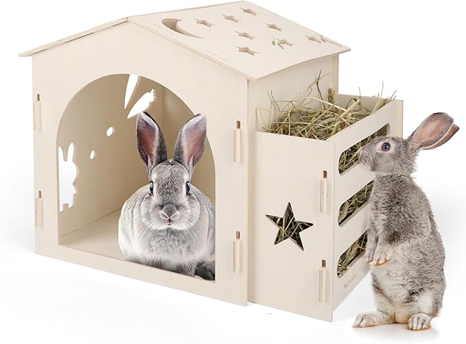 Extra Large Rabbit House & Rabbit Hay Feeder, Indoor Bunny Hideout with Feeder, Small Animal Houses & Habitats and Guinea Pig Hay Feeder-PurrikoPets