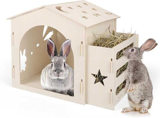 Extra Large Rabbit House & Rabbit Hay Feeder, Indoor Bunny Hideout with Feeder, Small Animal Houses & Habitats and Guinea Pig Hay Feeder-PurrikoPets