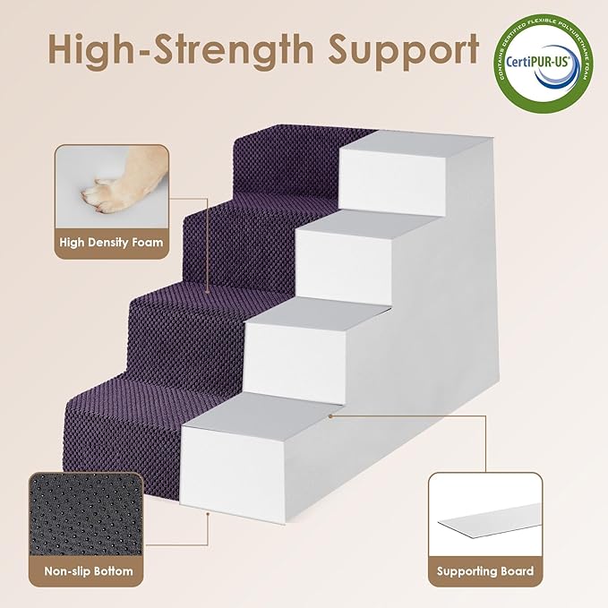 EHEYCIGA Dog Stairs for Bed 20" H, 4-Step Extra Wide Dog Steps for High Bed, Pet Steps for Small Dogs and Cats, Non-Slip Balanced Pet Ramp Indoor, Purple-PurrikoPets