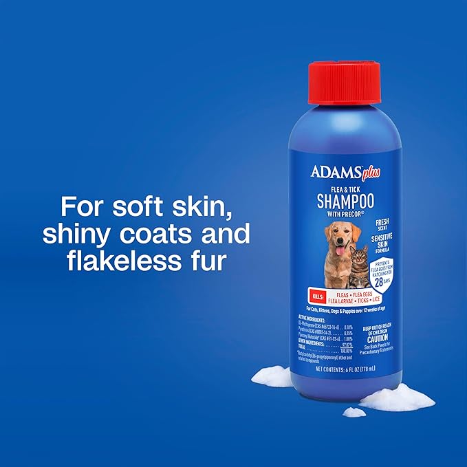 Adams Plus Flea & Tick Shampoo with Precor for Cats, Kittens, Dogs & Puppies Over 12 Weeks Of Age |Sensitive Skin Flea Treatment for Dogs & Cats |Kills Adult Fleas, Flea Eggs, Ticks, and Lice |6 Oz-PurrikoPets