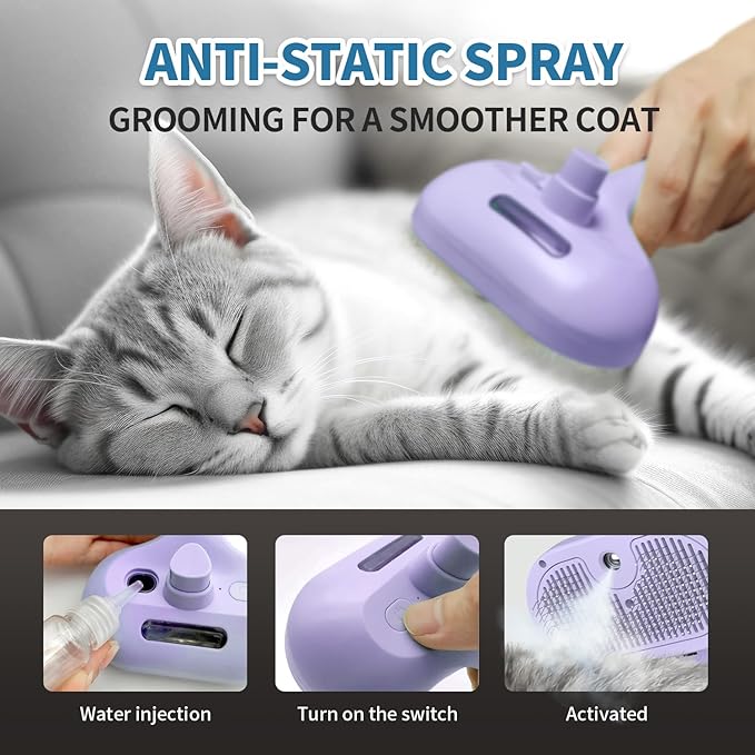 3 in 1 Steam Cat Brush for Shedding - Self-Cleaning Dog Grooming Tool for Long and Short Hair Pets - Removes Static, Flying Hair, and Loose Fur (Purple)-PurrikoPets