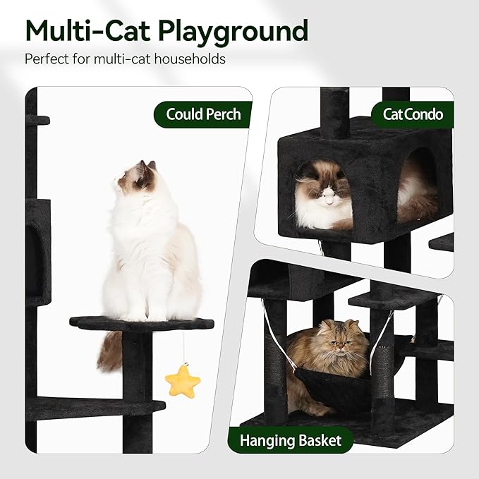85inch Giant Cat Tree for Heavy Duty Big Cats, Multi-Level Luxury Cat Tower with Scratching Post, Cat Condo with Hammocks & Plush Perches for Indoor Cats Large Adult, Black-PurrikoPets