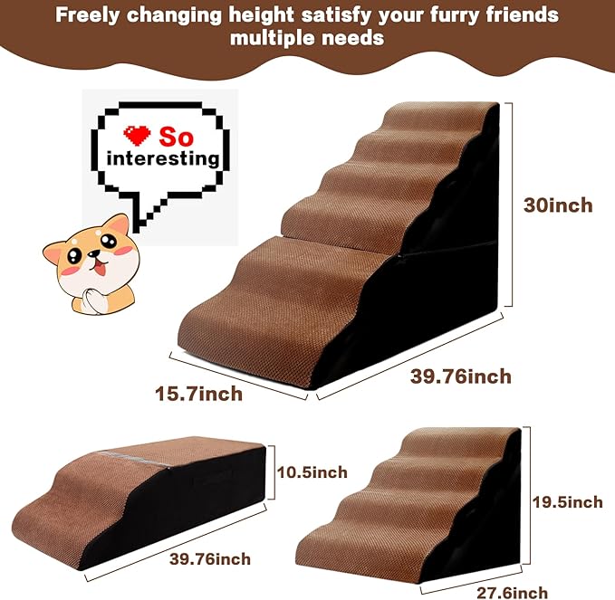 Dog Steps for High Beds 30-32" H - 6-Step Dog Stairs for Small Dogs, 33D Foam Pet Steps for High Bed with Non-Slip Bottom and Washable Cover, Dogs Ramp for Bed Indoor, Brown-PurrikoPets