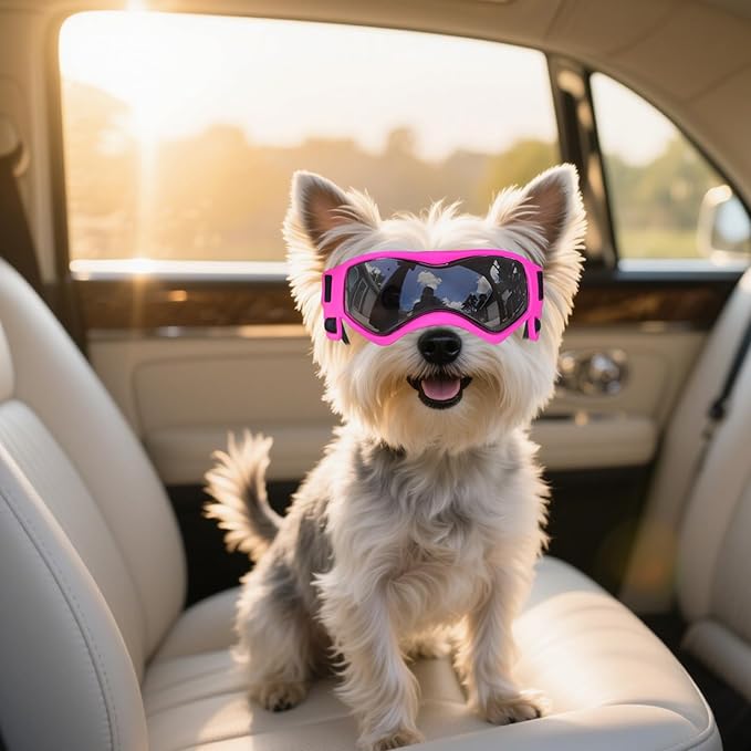 Dog Goggles Dog Sunglasses for Small Breed UV Protection Windproof with Adjustable Head Straps Chin Straps for Ride Car/Hiking Travel/On Beach-Pink-PurrikoPets