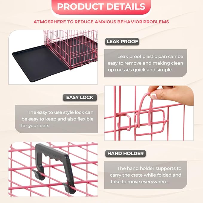 FDW Dog Crate for Large Dogs 48 Inch Folding Metal WirePet Cage Double Door W/Divider Panel Indoor Outdoor Kennel Leak-Proof Plastic Tray,Pink-PurrikoPets