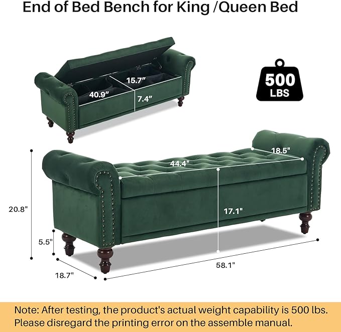 58.1'' Storage Bench Upholstered Velvet End of Bedroom Bed Bench Ottoman with Tufted Cushioned Rolled Arm Large Storage Space for Reading Living Room Entryway,Dark Green-PurrikoPets